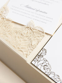 Luxury Roses Gold Foil Invitation pocket fold suite for Wedding Day, RSVP, Info Card with Laser Cut pocket, Calligraphy Script