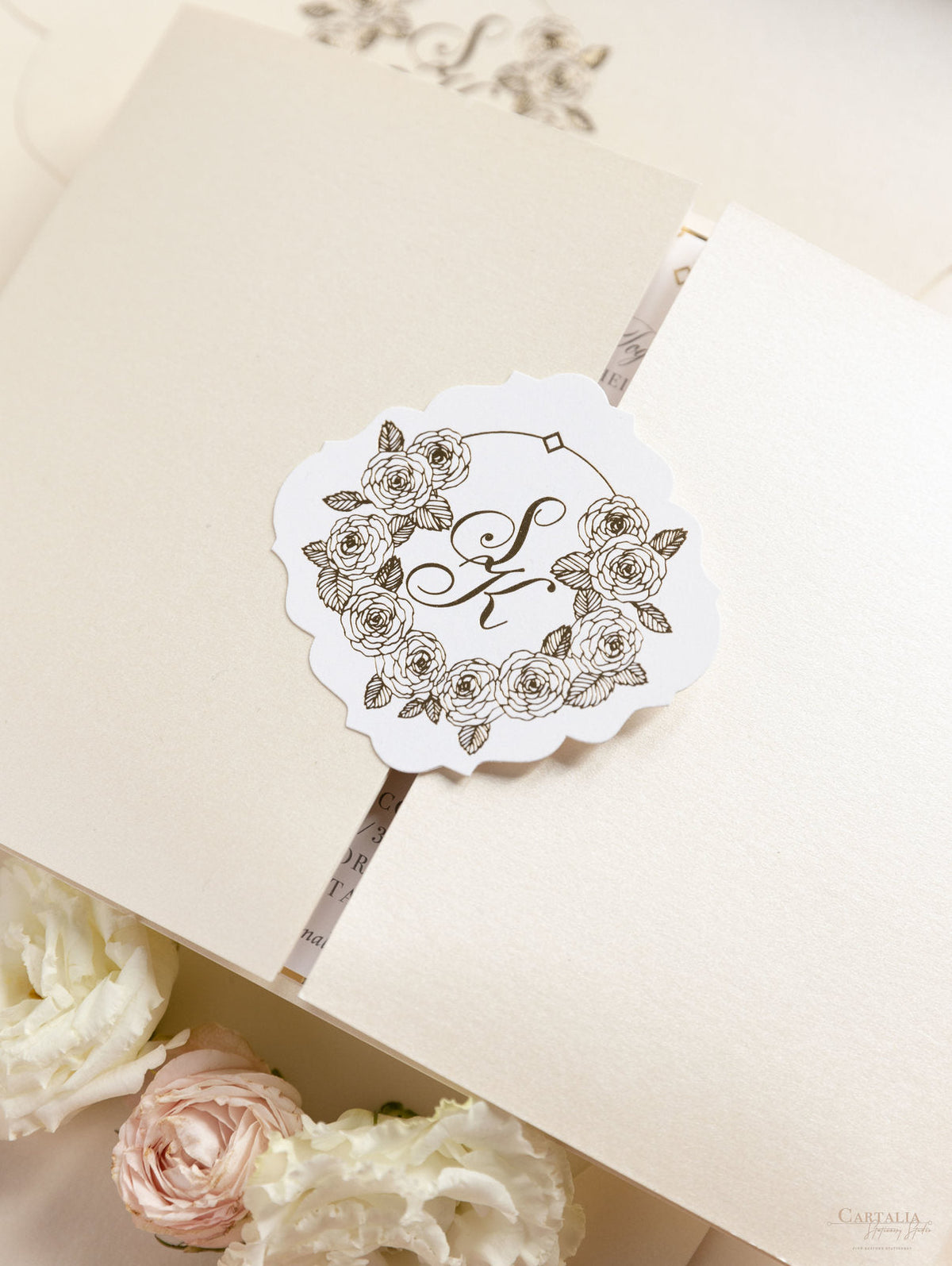 Luxury Roses Gold Foil Invitation pocket fold suite for Wedding Day, RSVP, Info Card with Laser Cut pocket, Calligraphy Script