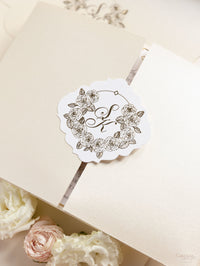 Luxury Roses Gold Foil Invitation pocket fold suite for Wedding Day, RSVP, Info Card with Laser Cut pocket, Calligraphy Script