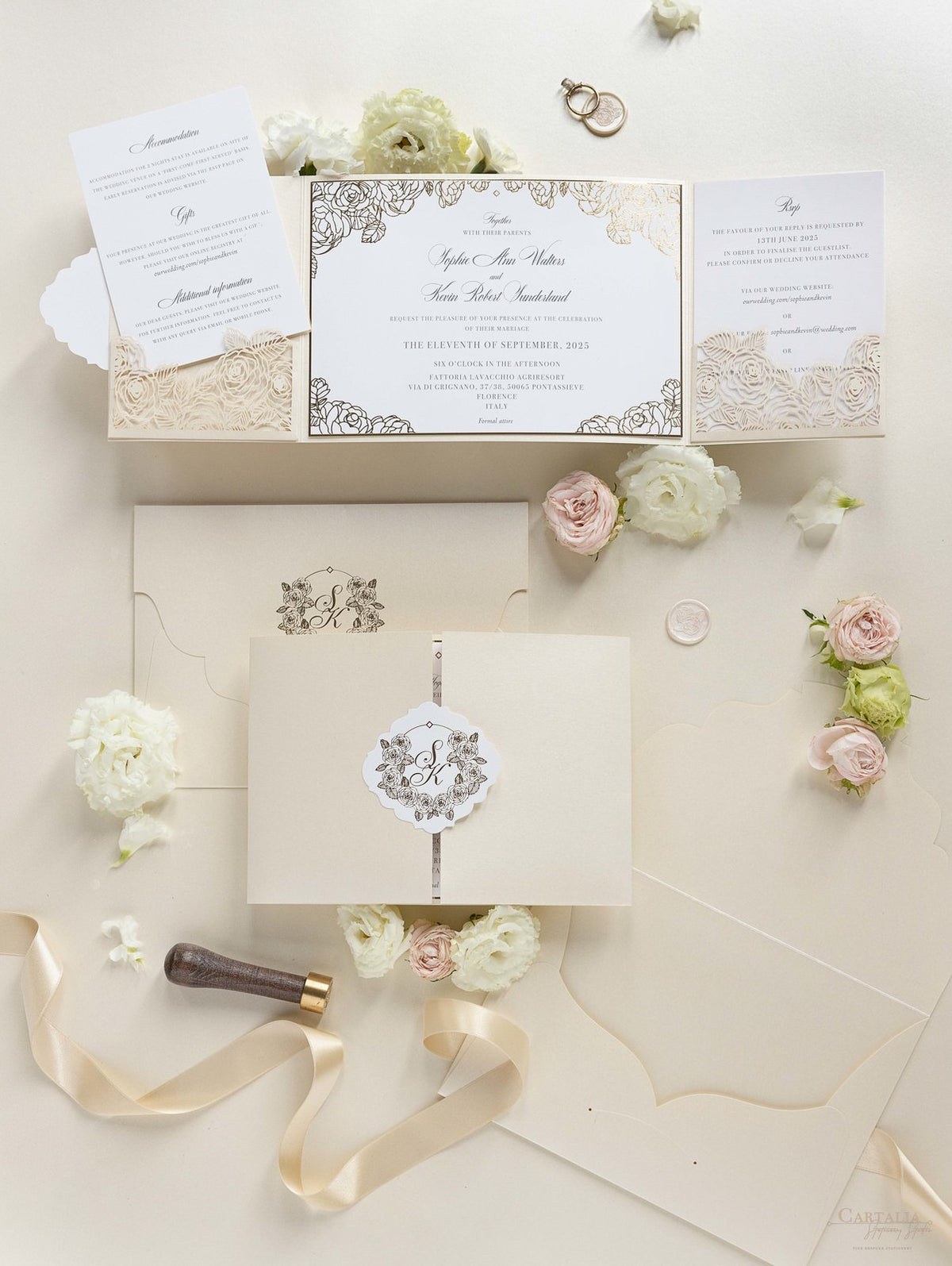 Luxury Roses Gold Foil Invitation pocket fold suite for Wedding Day, RSVP, Info Card with Laser Cut pocket, Calligraphy Script