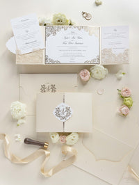 Luxury Roses Gold Foil Invitation pocket fold suite for Wedding Day, RSVP, Info Card with Laser Cut pocket, Calligraphy Script