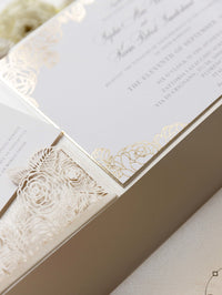 Luxury Roses Gold Foil Invitation pocket fold suite for Wedding Day, Rsvp, Info Card with Laser Cut pocket, Calligraphy Script