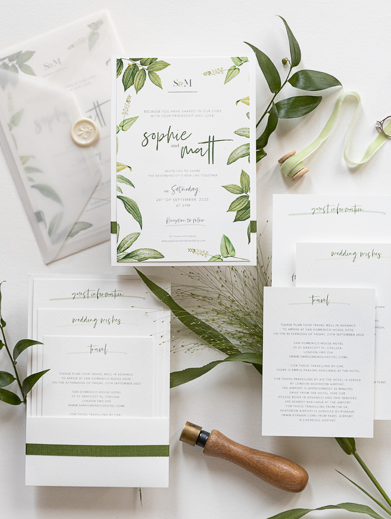 Modern Calligraphy Invitation  3 Tier Folder Pocket Suite with Vellum Parchment Envelope and Pearl Wax Seal with ribbed ribbon