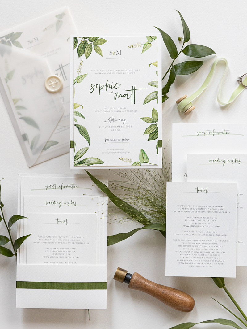 Greenery Botanical Monogram Vellum Paper Pocket Wedding Invitation