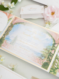 Suite de invitación de boda de lujo Villa del Balbianello | Folio estilo bolsillo con lugar de acuarela y lámina dorada | Boda en el lago de Como