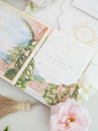 Suite de invitación de boda de lujo Villa del Balbianello | Folio estilo bolsillo con lugar de acuarela y lámina dorada | Boda en el lago de Como