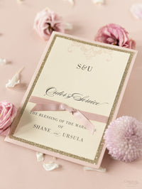 Orden de servicio Rose Pink Opulence Suite Gold Glitter con cinta