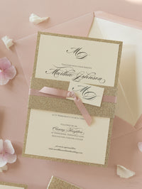 Tiered Golden Glitter Invitation with Monogram Tag and Ribbon Tie with Belly Band Suite