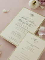 Tiered Golden Glitter Invitation with Monogram Tag and Ribbon Tie with Belly Band Suite