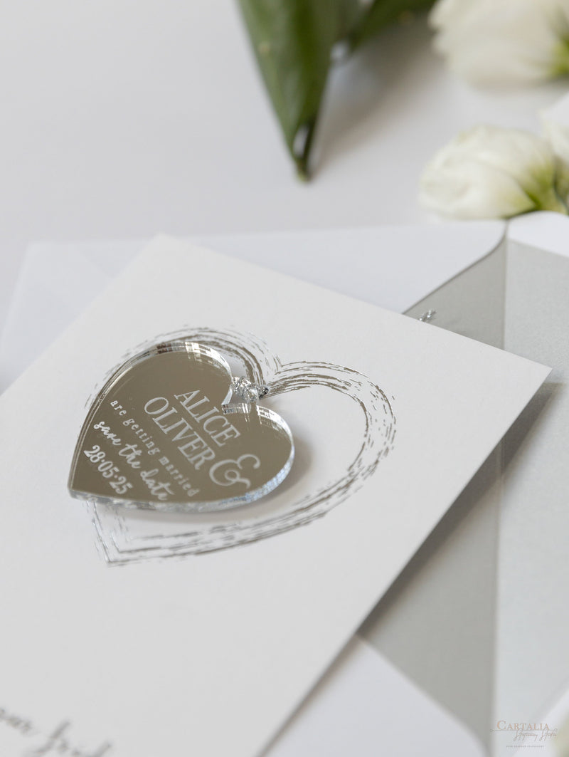 Sliver Foil and Mirror Save the Date Magnet in Plexi Engraving with Card and Envelope