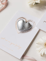 Imán Plexi Heart Save the Date en espejo de lámina de oro rosa con tarjeta