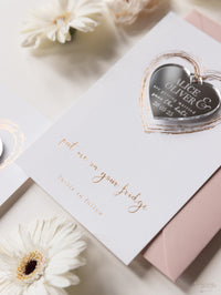 Plexi Heart Save the Date Magnet in Rose Gold Foil Mirror with card