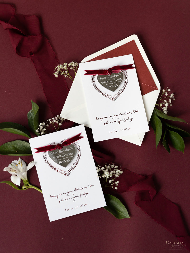 Christmas Tree Red Mirror Save the Date Magnet in Plexi Engraving, Velvet Ribbon.