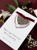 Christmas Tree Red Mirror Save the Date Magnet in Plexi Engraving, Velvet Ribbon.