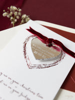 Christmas Tree Red Mirror Save the Date Magnet in Plexi Engraving, Velvet Ribbon.