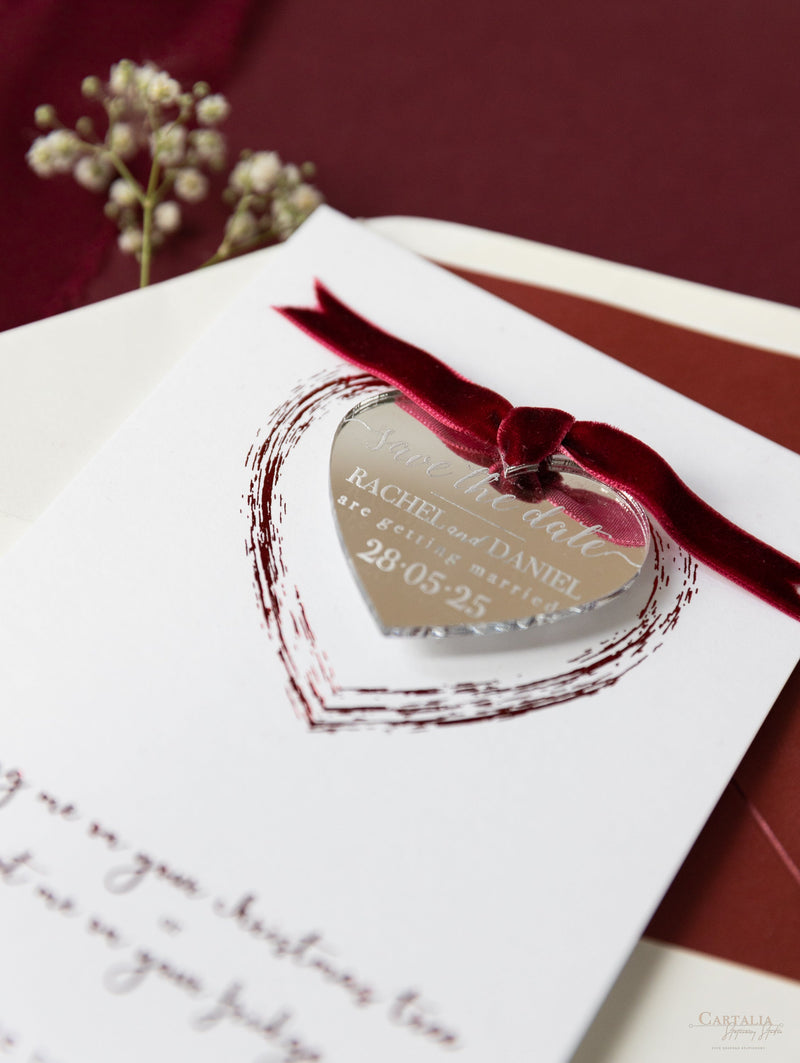 Christmas Tree Red Mirror Save the Date Magnet in Plexi Engraving, Velvet Ribbon.