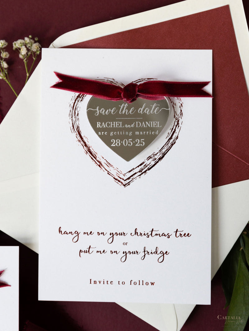 Christmas Tree Red Mirror Save the Date Magnet in Plexi Engraving, Velvet Ribbon.