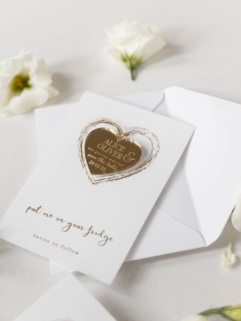 Gold Mirror Plexi Save the Date Magnet with Heart Foiled card. – Cartalia