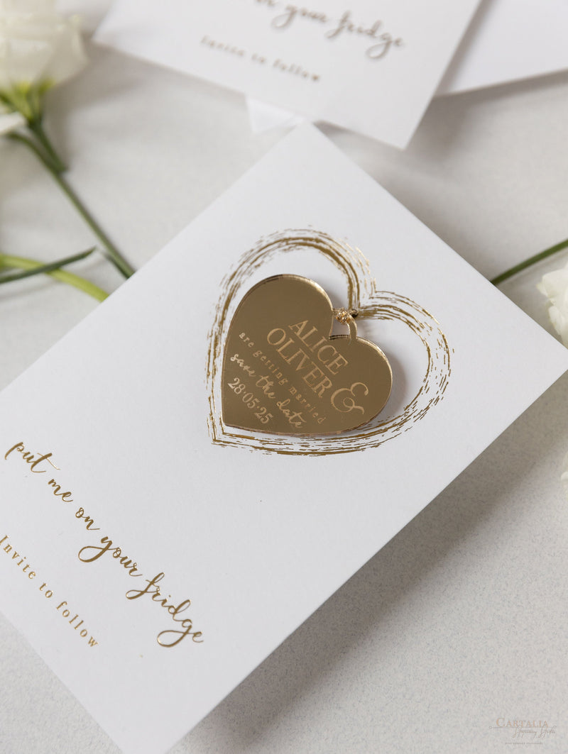 Gold Mirror Plexi Save the Date Magnet with Heart Foiled card.