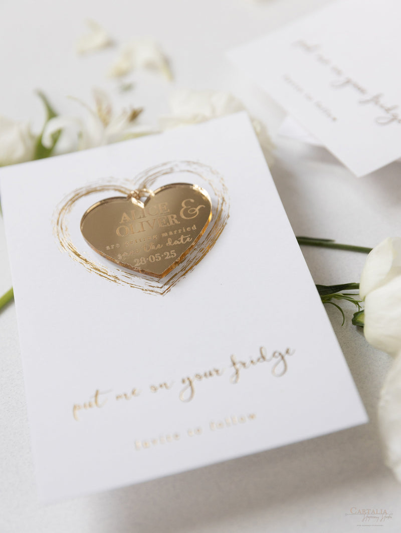 Gold Mirror Plexi Save the Date Magnet with Heart Foiled card.