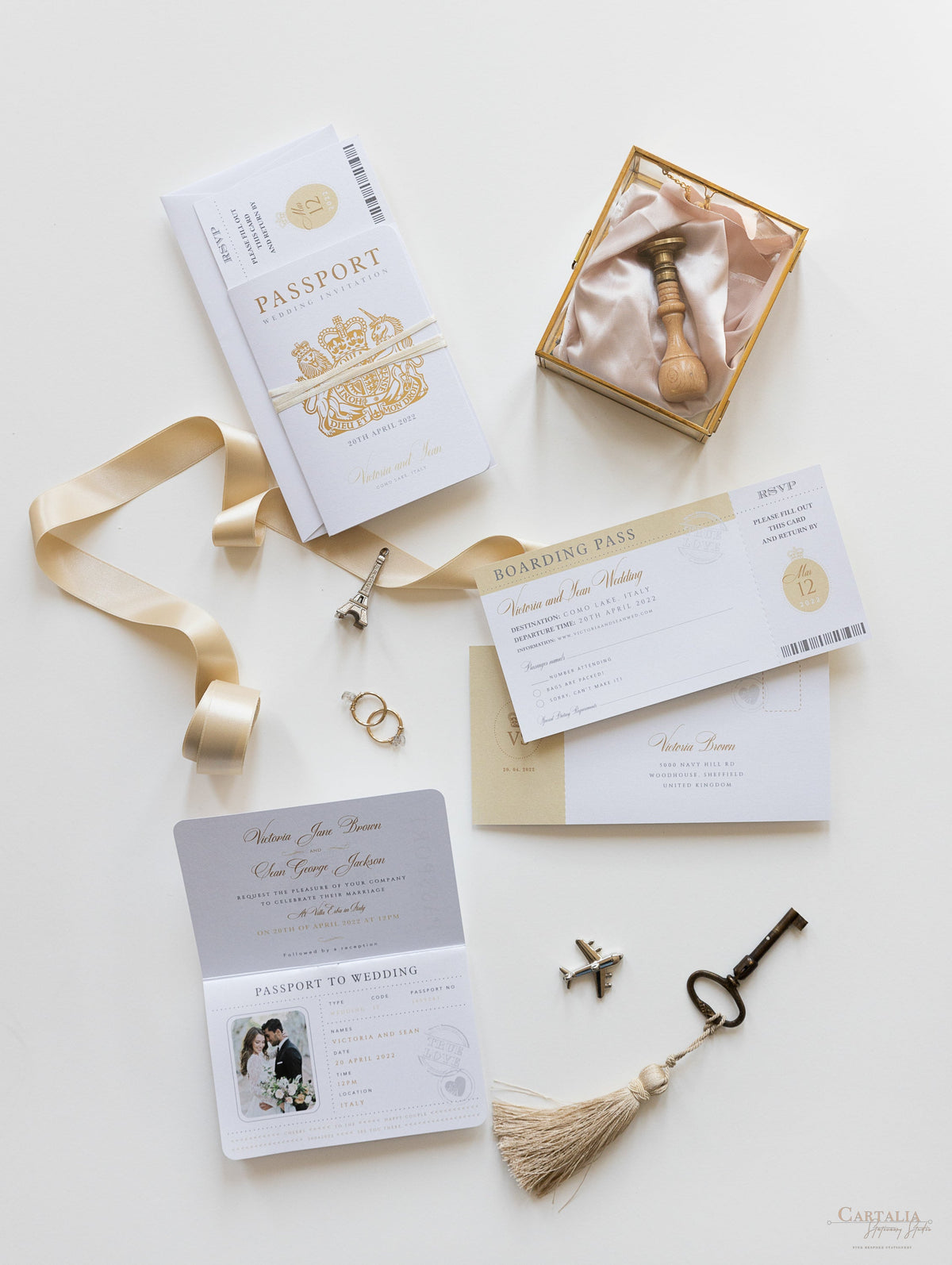 Luxury Passport Wedding Invitation in Champagne with Real Gold Foil Boarding Pass Invite suite