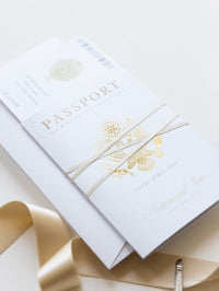 Luxury Passport Wedding Invitation in Champagne with Real Gold Foil Boarding Pass Invite suite