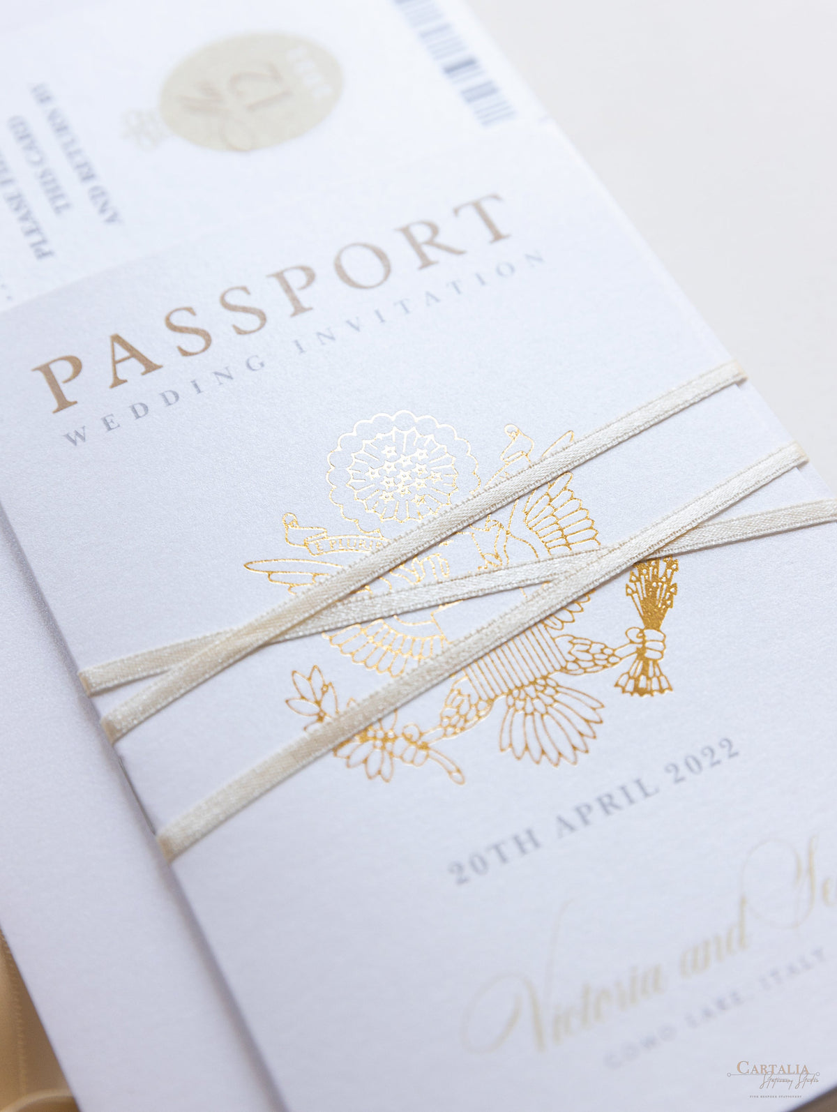 Luxury Passport Wedding Invitation in Champagne with Real Gold Foil Boarding Pass Invite suite