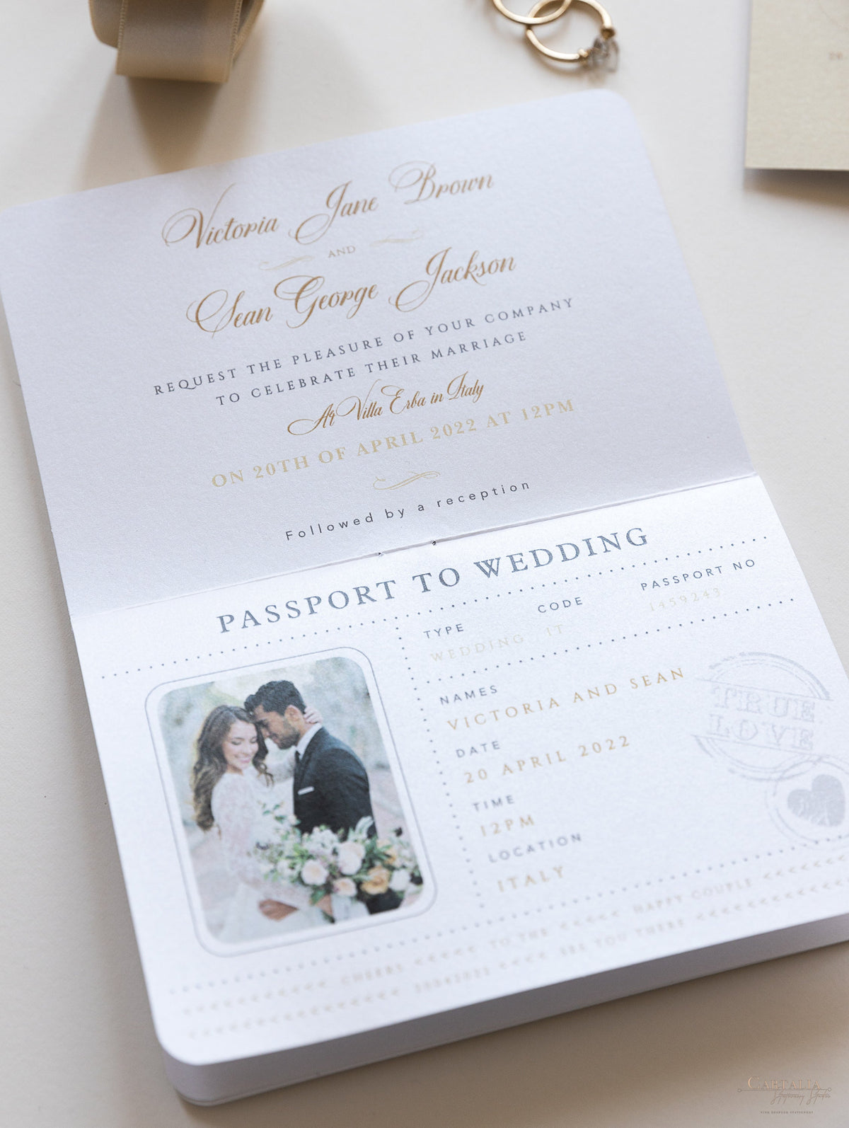 Luxury Passport Wedding Invitation in Champagne with Real Gold Foil Boarding Pass Invite suite