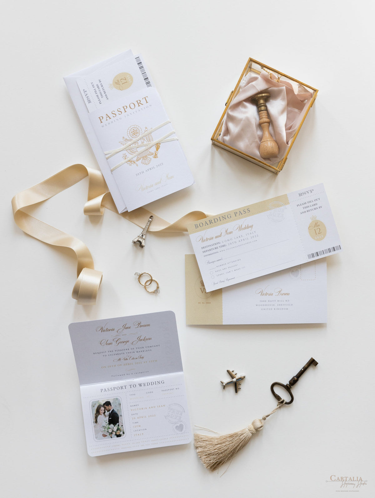 Luxury Passport Wedding Invitation in Champagne with Real Gold Foil Boarding Pass Invite suite