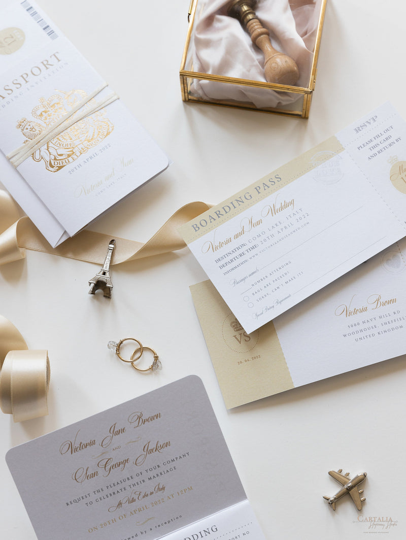 Luxury Passport Wedding Invitation in Champagne with Real Gold Foil Boarding Pass Invite suite