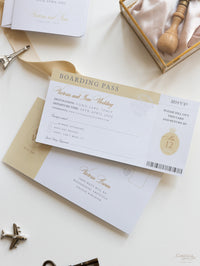 Luxury Passport Wedding Invitation in Champagne with Real Gold Foil Boarding Pass Invite suite