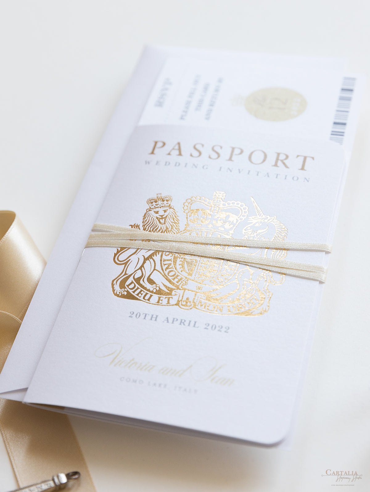 Luxury Passport Wedding Invitation in Champagne with Real Gold Foil Boarding Pass Invite suite