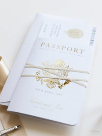 Luxury Passport Wedding Invitation in Champagne with Real Gold Foil Boarding Pass Invite suite