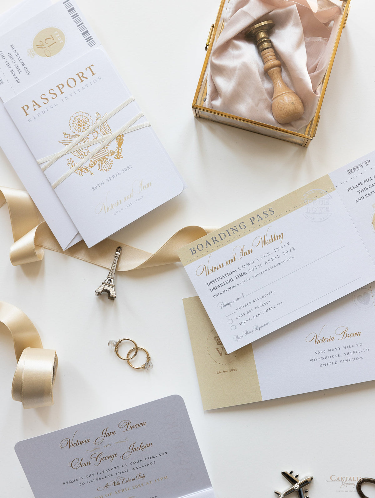 Luxury Passport Wedding Invitation in Champagne with Real Gold Foil Boarding Pass Invite suite