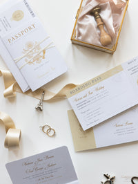 Luxury Passport Wedding Invitation in Champagne with Real Gold Foil Boarding Pass Invite suite