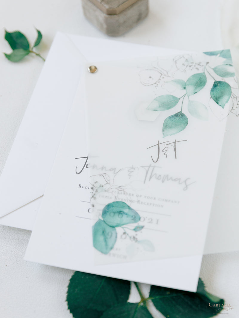 Vellum/ Parchment Layer and Silver Bolt Evening Invitation with Eucalyptus Silver Mirror Plexi Hexagon Tag