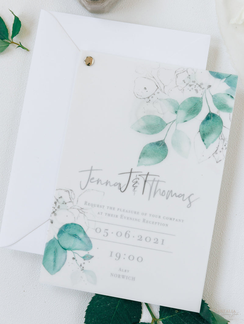 Vellum/ Parchment Layer and Silver Bolt Evening Invitation with Eucalyptus Silver Mirror Plexi Hexagon Tag