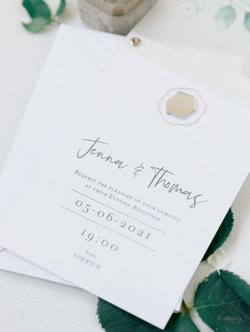 Vellum/ Parchment Layer and Silver Bolt Evening Invitation with Eucalyptus Silver Mirror Plexi Hexagon Tag