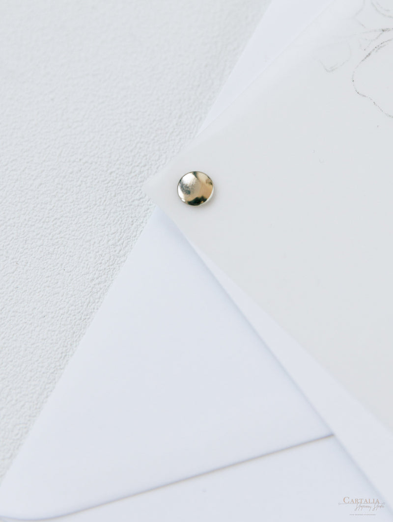 Vellum/ Parchment Layer and Silver Bolt Evening Invitation with Eucalyptus Silver Mirror Plexi Hexagon Tag