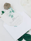 Vellum/ Parchment Layer and Silver Bolt Evening Invitation with Eucalyptus Silver Mirror Plexi Hexagon Tag