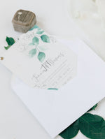 Vellum/ Parchment Layer and Silver Bolt Evening Invitation with Eucalyptus Silver Mirror Plexi Hexagon Tag