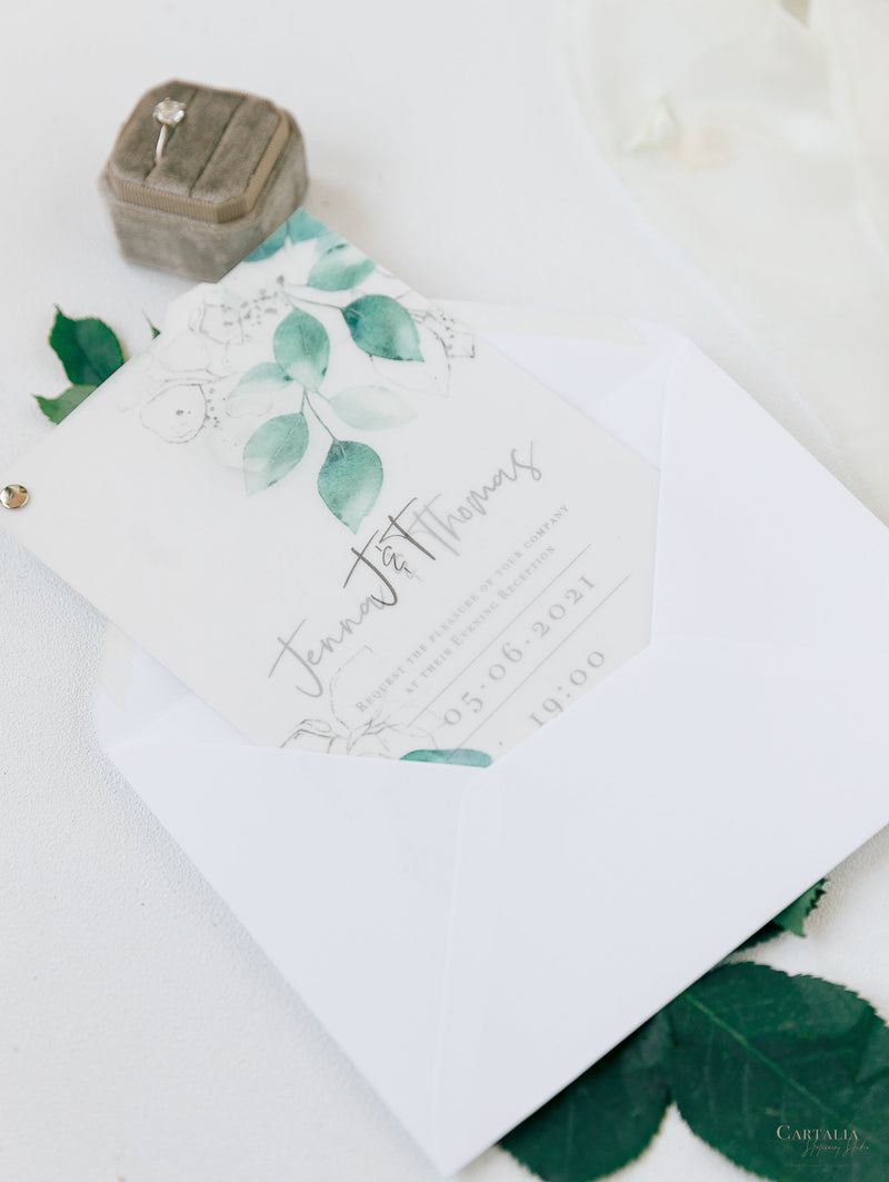 Vellum/ Parchment Layer and Silver Bolt Evening Invitation with Eucalyptus Silver Mirror Plexi Hexagon Tag
