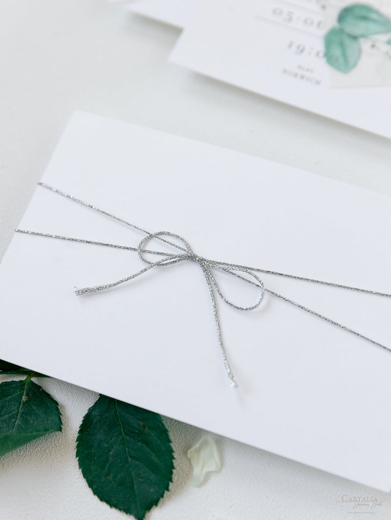 Imán de Eucalipto Espejo de Plata Plexi en Hexágono Save the Date con tarjeta y cordón de plata