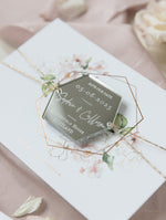 Silver Mirror Plexi in Hexagon Save the Date Magnet with card and Gold String