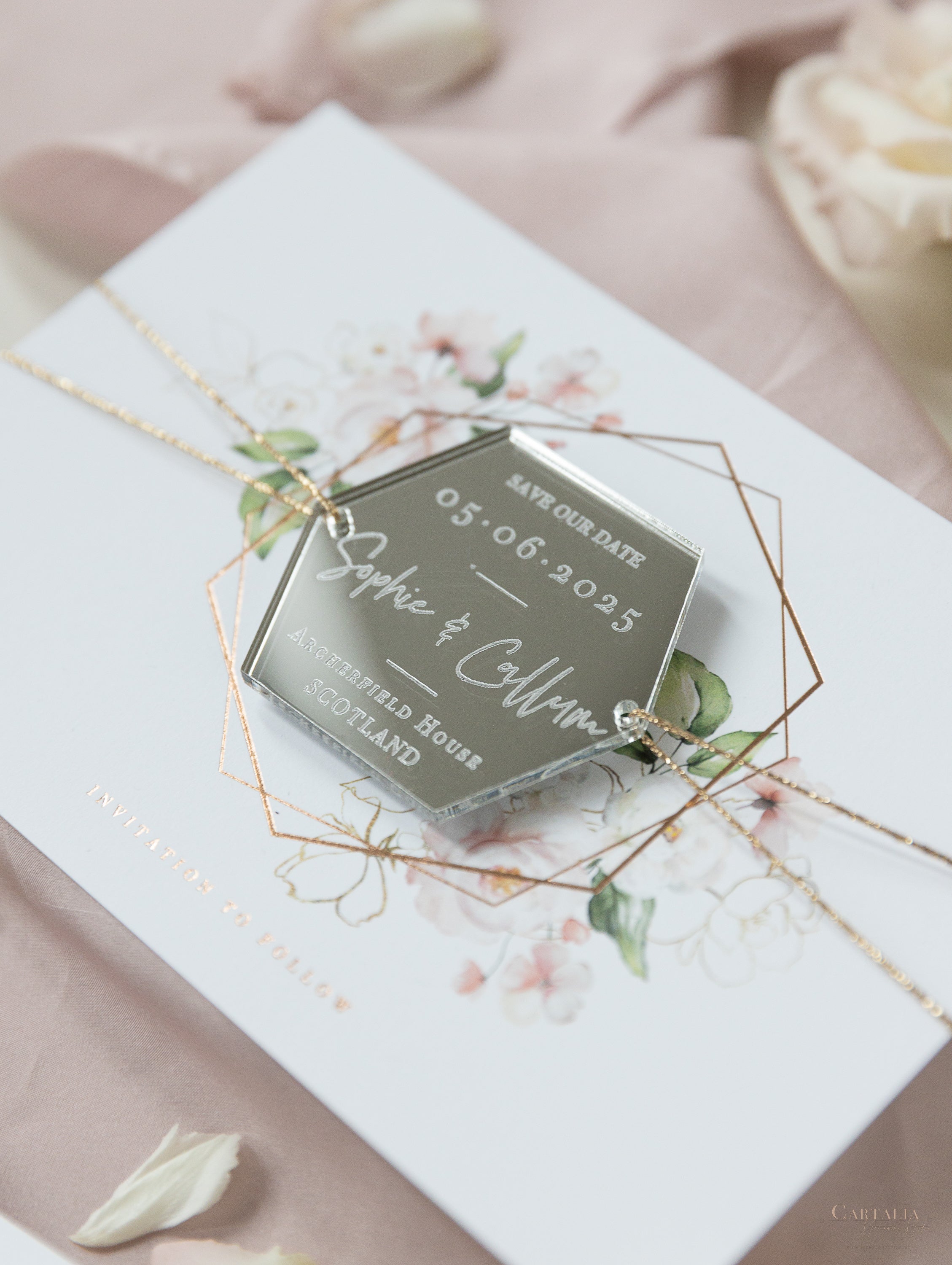 Wedding Save the Date Card with Rose Gold Plexi Mirror Luggage Magnet –  Cartalia