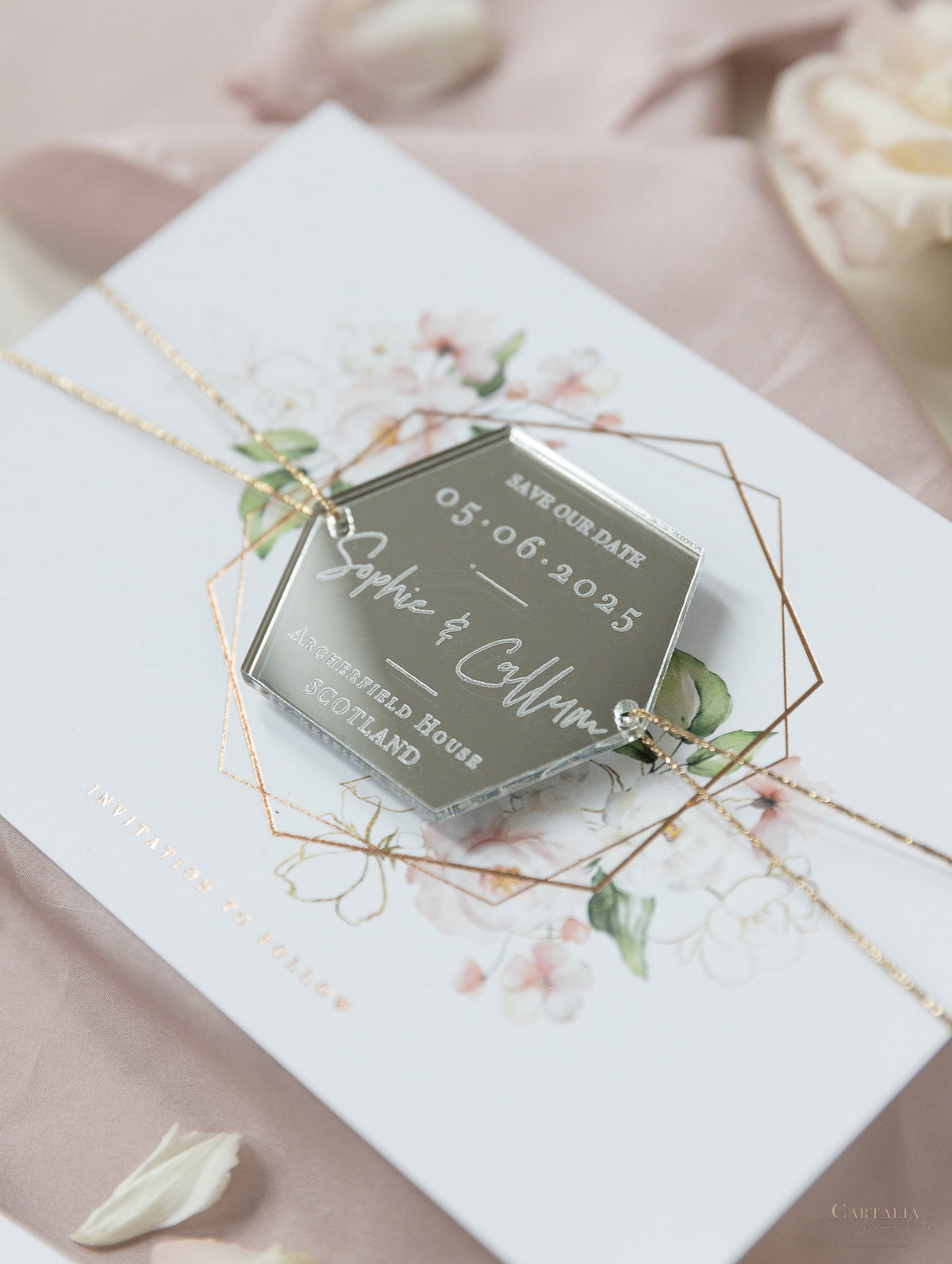 Mirror Plexi in Hexagon Save the Date Magnet with card and Gold String