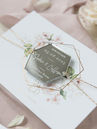 White Hydrangea Flowers and Greenery Silver Mirror Plexi in Hexagon Save the Date Magnet