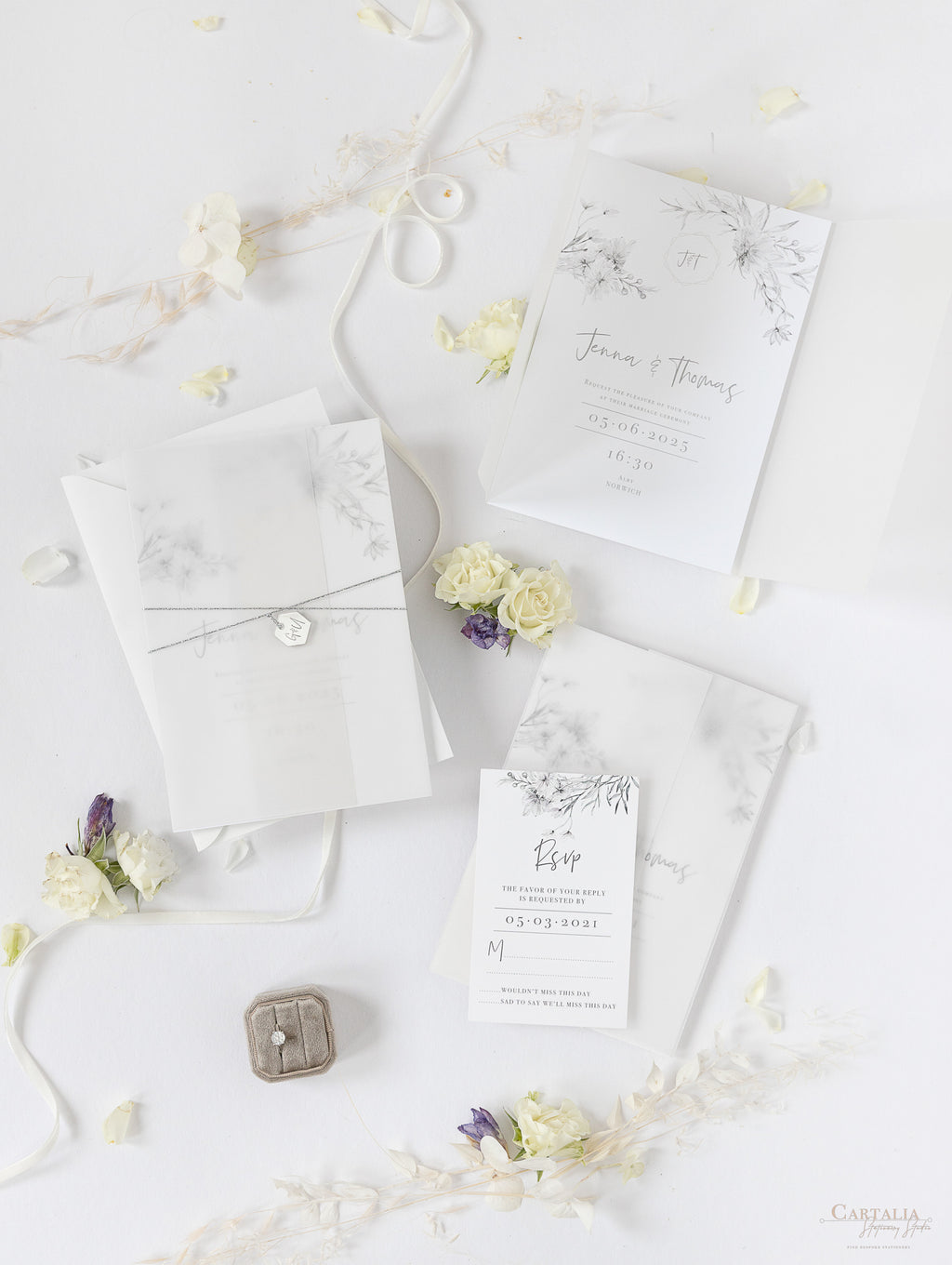 Vellum Suite Day Invitation & RSVP in Grey & Silver Boho Floral Design –  Cartalia