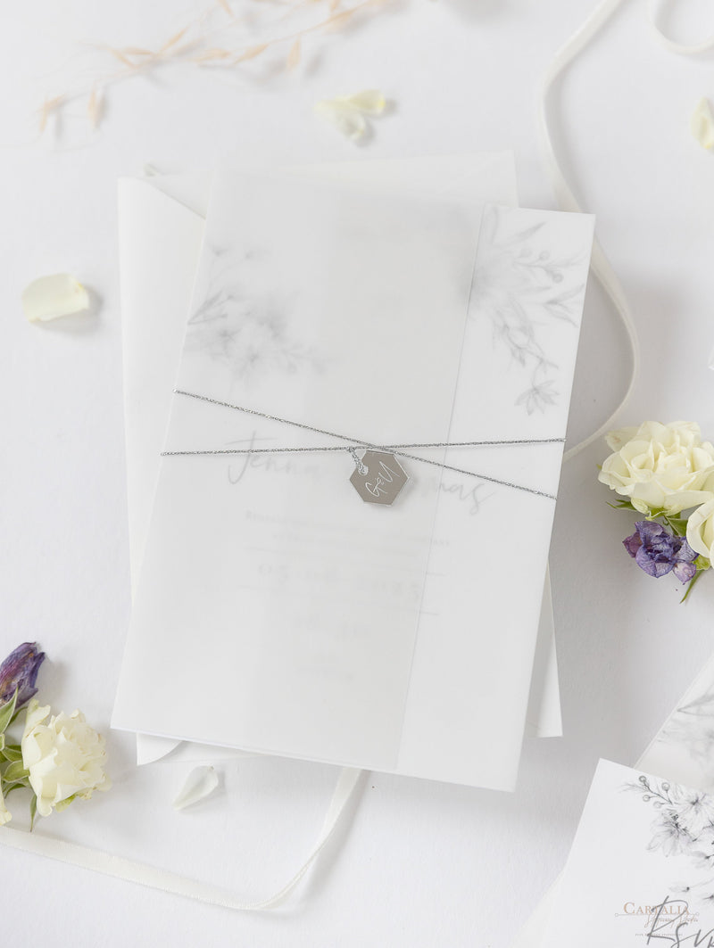 Vellum Suite Day Invitation & RSVP in Grey & Silver Boho Floral Design –  Cartalia