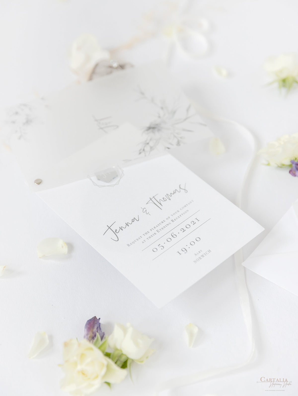 Vellum Suite Evening Reception Invitation & RSVP in Grey & Silver Boho Floral Design Silver Foil Mirror Plexi